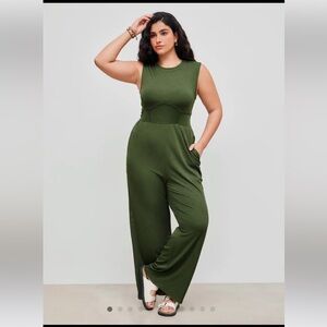 NWT Cider Solid Sleeveless Wide Leg Jumpsuit Green Ribbed Zip Curvy 2X
